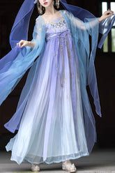 Lila Stickerei Spitze Damen Klassische Hanfu Kleid Komplettset